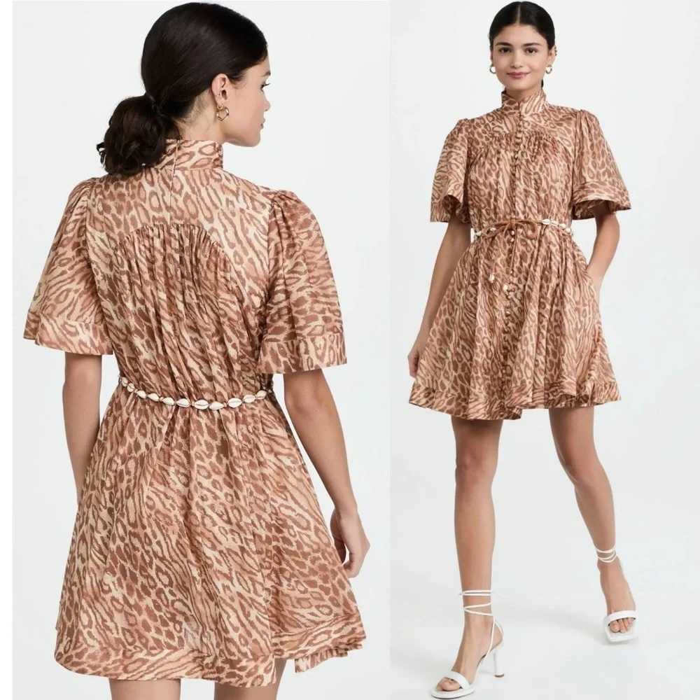 ZIMMERMANN Tropicana Flutter Sleeve Mini Dress in Leopard Size:1 US:6 - Picture 4 of 16